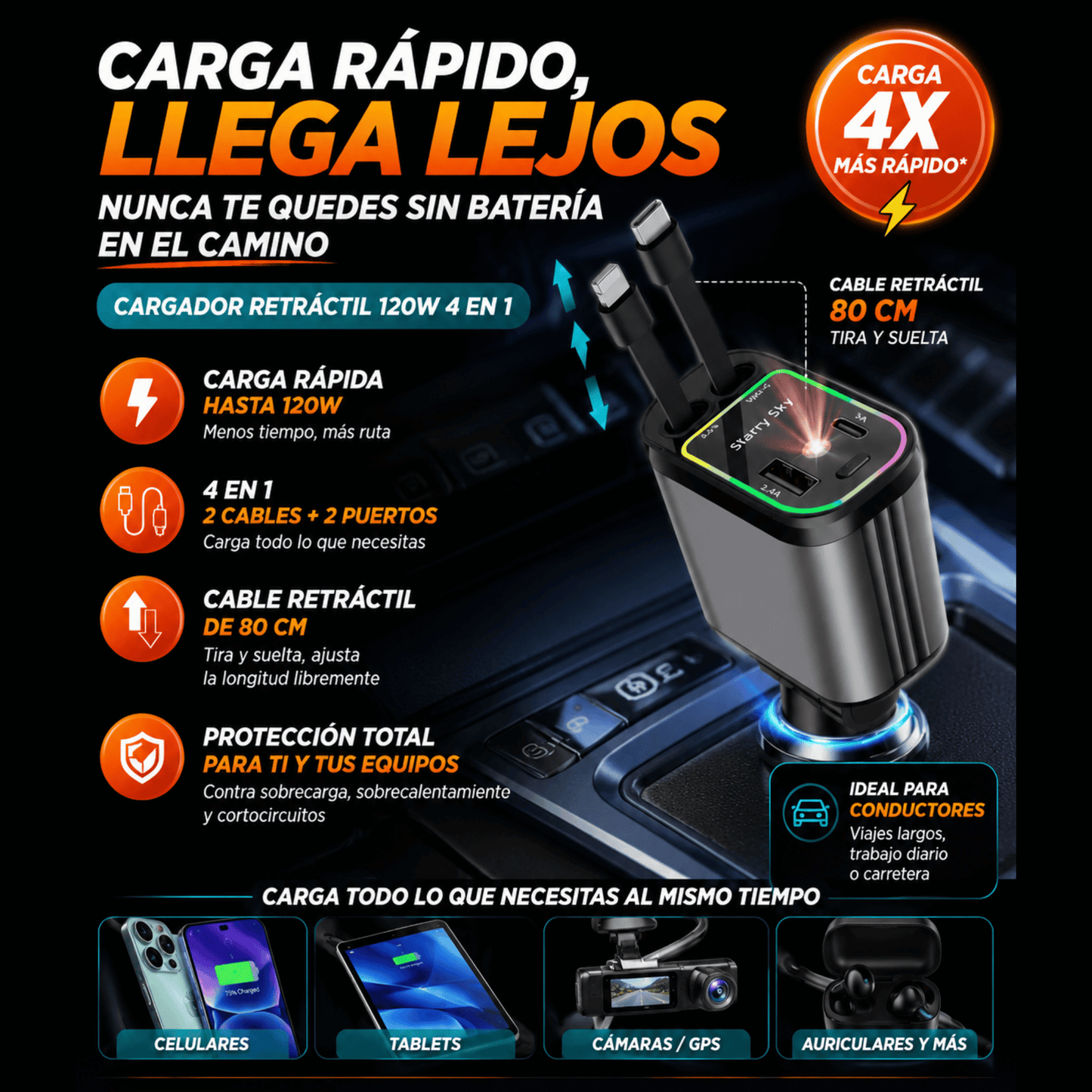 Cargador de vehículo Retráctil 120W con Proyección de Cielo Estrellado (4 en 1)